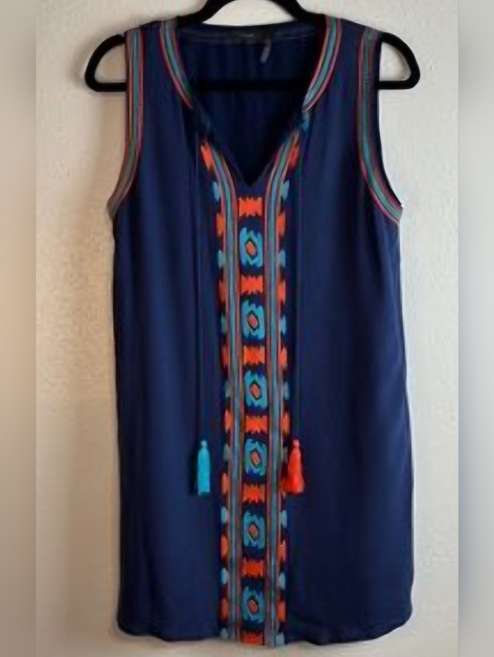 THML Navy Sleeveless Embroidered Tassel Shift Dress Size Large - Picture 9 of 9